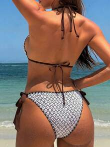 Swim Vcay Set Bikini Segitiga Cup untuk Liburan dengan Kain Jala Khusus, Pinggiran Rajutan, dan Pita, untuk Wanita. - Krem - View 3