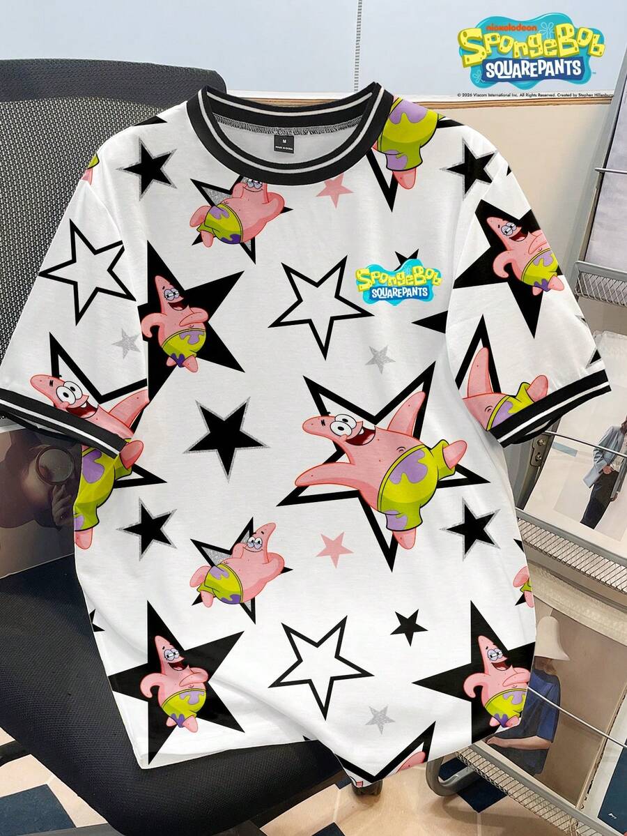 SpongeBob SquarePants | SHEIN Manfinity Joysei Men's Fashionable Versatile Cartoon Print Contrast Color Round Neck Short Sleeve T-Shirt - White - View 1