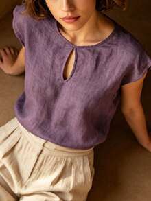 EMERY ROSE Summer Women's Fashion Linen Shoulder Sleeve Solid Color Blouse - Purple - View 3