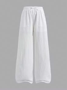 SHEIN Teen Girls Casual Vacation White Woven Textured Bow Decor Loose Wide Leg Long Pants - White - View 6