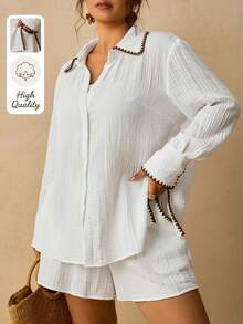 Levarali Plus Size Women's Vacation Casual Pure Cotton Shirt And Shorts 2 Pieces Set Beach White Autumn - Beige - View 1