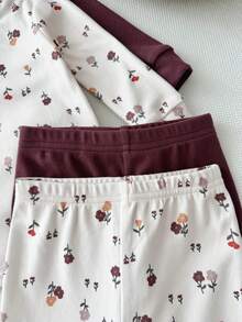 LMoss Kids Baby Girl Knit Solid Color Floral Pattern Round Neck T-Shirt And Long Pants Tight-Fitting Loungewear 4pcs Set - Multicolor - View 5