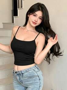 DAZY Women's Solid Color Summer Versatile Casual Cropped Camisole Tank Top Everyday Black - Black - View 2