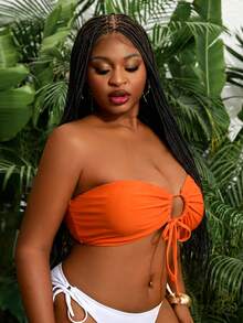 Slaydiva 2026 New Summer Vacation Orange Bandeau Drawstring Plus Size Swimsuit Top Beach Vacation Vacation - Orange - View 4