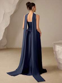Coutiva Elegant Party Rhinestone Decorated Pleated Strapless Evening Gown - Navy Blue - View 3
