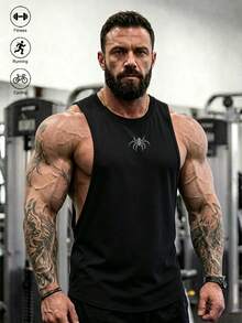 GymBeat 男士運動蜘蛛圖案無袖健身背心，寬鬆訓練上衣，健身房適用 - 黑色 - 查看 1