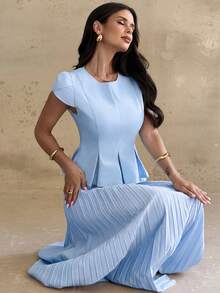 Firerie Women's Summer Elegant Solid Color Pleated Waist-Cinched Top And Pleated Skirt 2 Pieces Set Office Light Blue - Blue - View 3