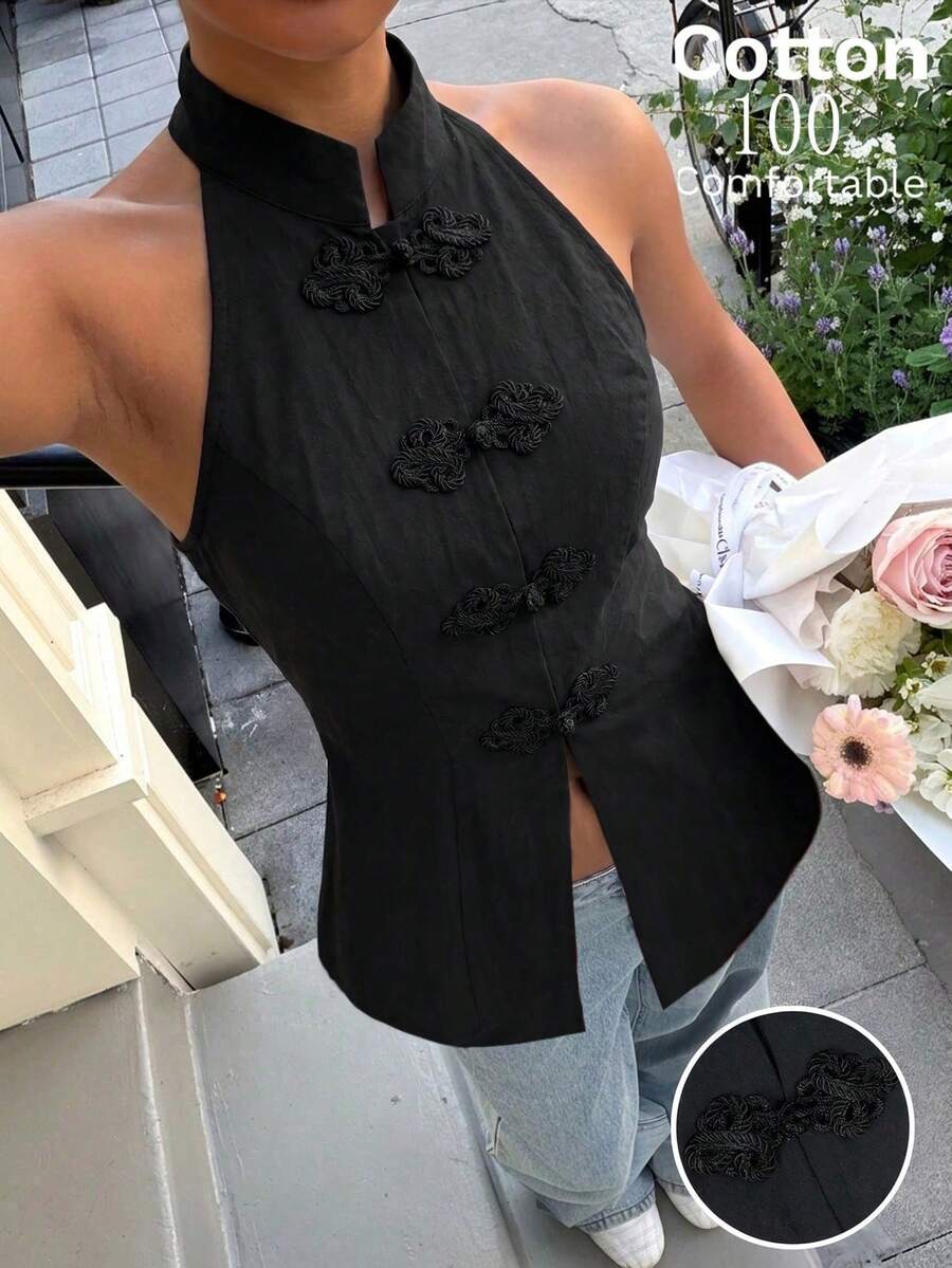 Muchica Women's Elegant Halter Neck Blouse For Summer,Summer Top - Black - View 1