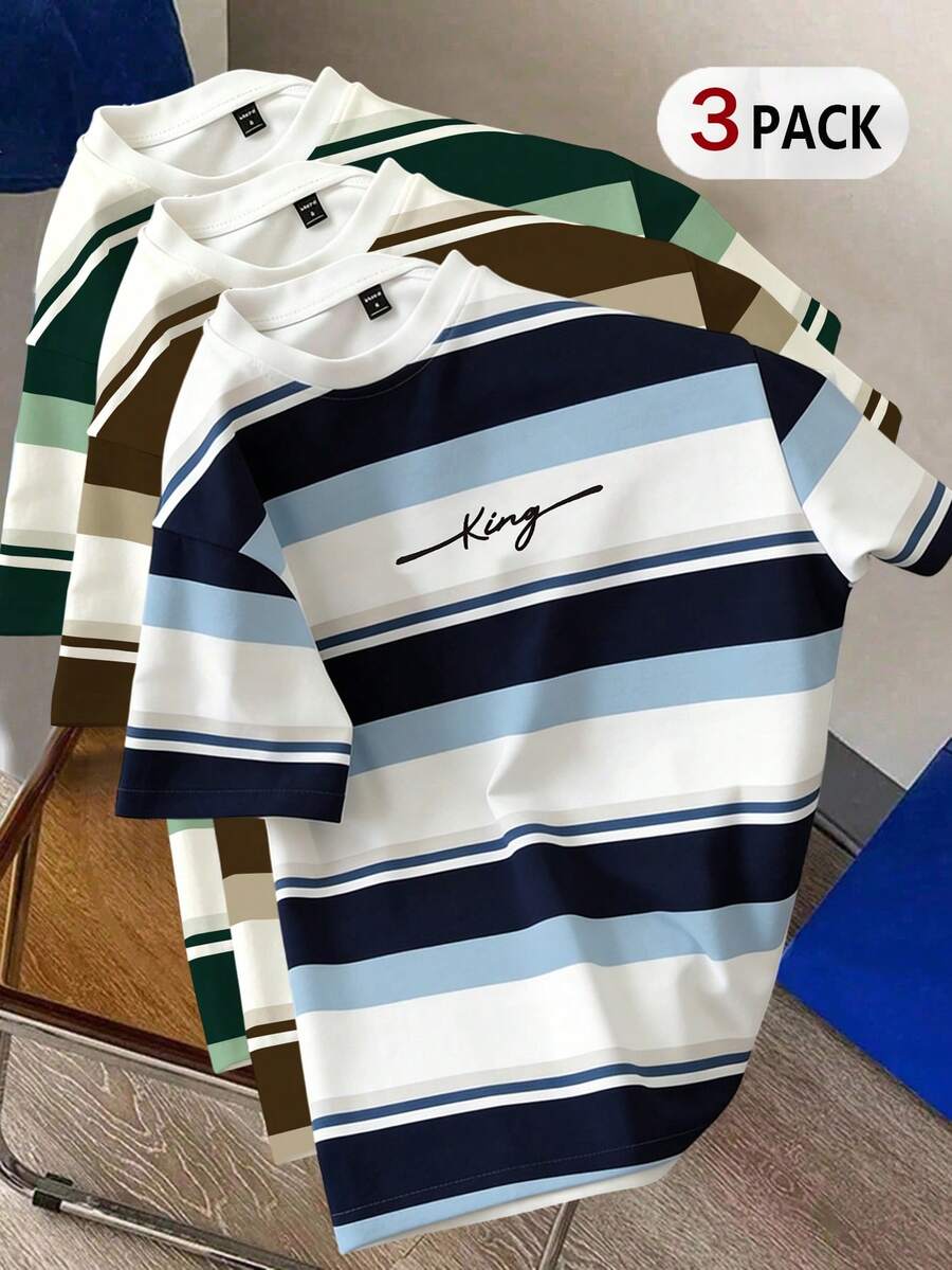Manfinity Joysei Men's Casual Striped Print 3-Pack T-Shirts, Men's 3-Pack, Suitable For Summer Outings, School, Daily Versatile Wear - Multicolor - View 1