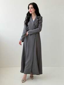 Yasmeen Edit Yasmeen Edit 女式条纹翻领长袖双排扣休闲阿拉伯长袍夹克 - 深灰色 - 查看 6