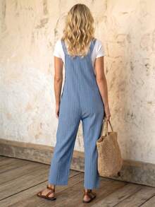 EMERY ROSE Summer Pocket Textured Overall Jumpsuit - Blue - View 2