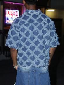 STEELVANCE Áo khoác denim dáng ngắn họa tiết kẻ caro dệt jacquard phong cách streetwear nam - Màu xanh lam - Xem 6