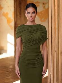Aureia Gaun Bridesmaid Model Duyung dengan Hiasan Ruffle dan Lapisan Chiffon Elegan, Gaun Malam Formal Terjangkau untuk Tamu Pernikahan, Warna Hijau Zaitun, Musim Semi - Hijau Tentara - View 6