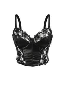 AltBold Plus Size Fashion Pioneer Lingerie Series Skull Embroidery Patchwork PU Glue Bone Support Underwire Bustier - Black - View 6