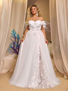 Glamrae Luxury Plus Size Elegant Gorgeous White Sequin Embroidered 3D Floral Off-Shoulder Hanging Sleeve Applique Ruched A-Line Patchwork Triangle Mesh For - White - View 6