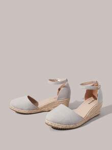 Styleloop 女士坡跟厚底鞋 春夏新款 增高显瘦 包头低帮设计 圆头 5.5cm坡跟 舒适高跟 亚麻材质 纯色 女士鞋 日常通勤 购物 约会必备 - 灰色 - 查看 9