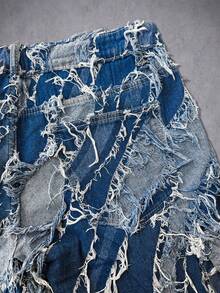 Manfinity Denimwave 大尺碼美式風格提花流蘇水洗藍牛仔短褲 - 藍色 - 查看 5