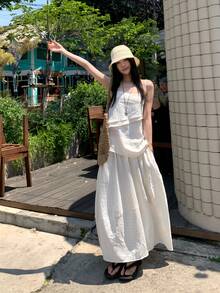 K-Vae French Slouchy Camisole Top & Striped Elastic Waist Tulip Hem Skirt 2pcs Set For Women Summer - White - View 5
