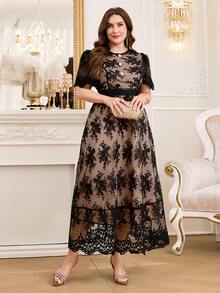 Reflora Plus Size Lace Patchwork Round Neck Elegant Short Sleeve Dress - Black - View 10