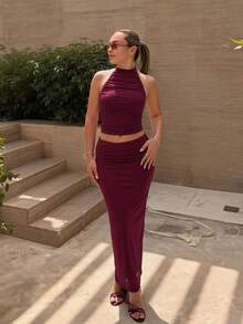 Katetique Women's Purple Sleeveless Turtleneck Tank Top & Mid-Rise Straight Knit Skirt Set, Vacation Set Women's 2 Pieces Outfit Women's Two Pieces Elegant - Purple - View 1