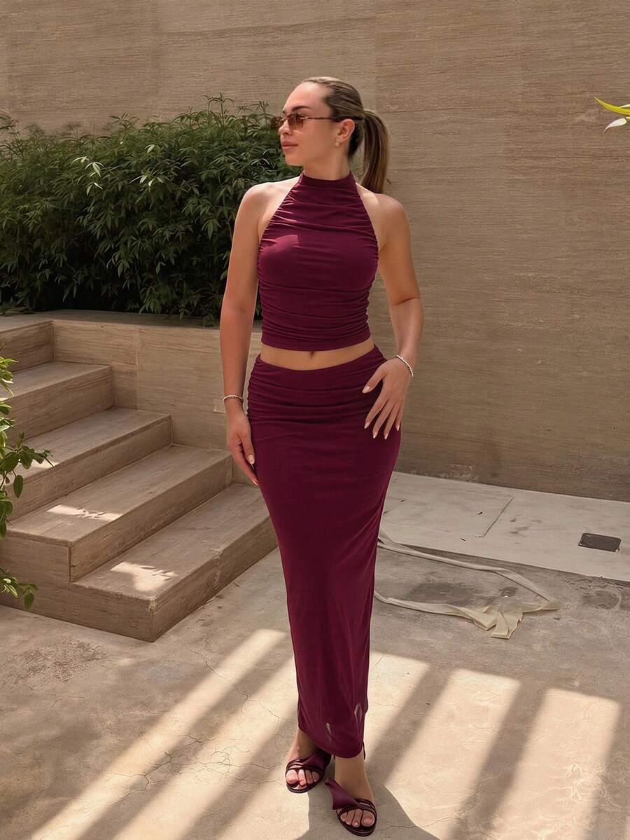 Katetique Women's Purple Sleeveless Turtleneck Tank Top & Mid-Rise Straight Knit Skirt Set, Vacation Set Women's 2 Pieces Outfit Women's Two Pieces Elegant - Purple - View 1