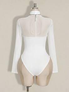 SHEIN ICON Plus Size Mesh Patchwork Y2K Sexy Bodysuit - White - View 10