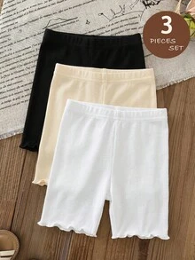 SHEIN 女嬰針織素色荷葉邊褲腳休閒褲3件組套裝 - 彩色 - 查看 3