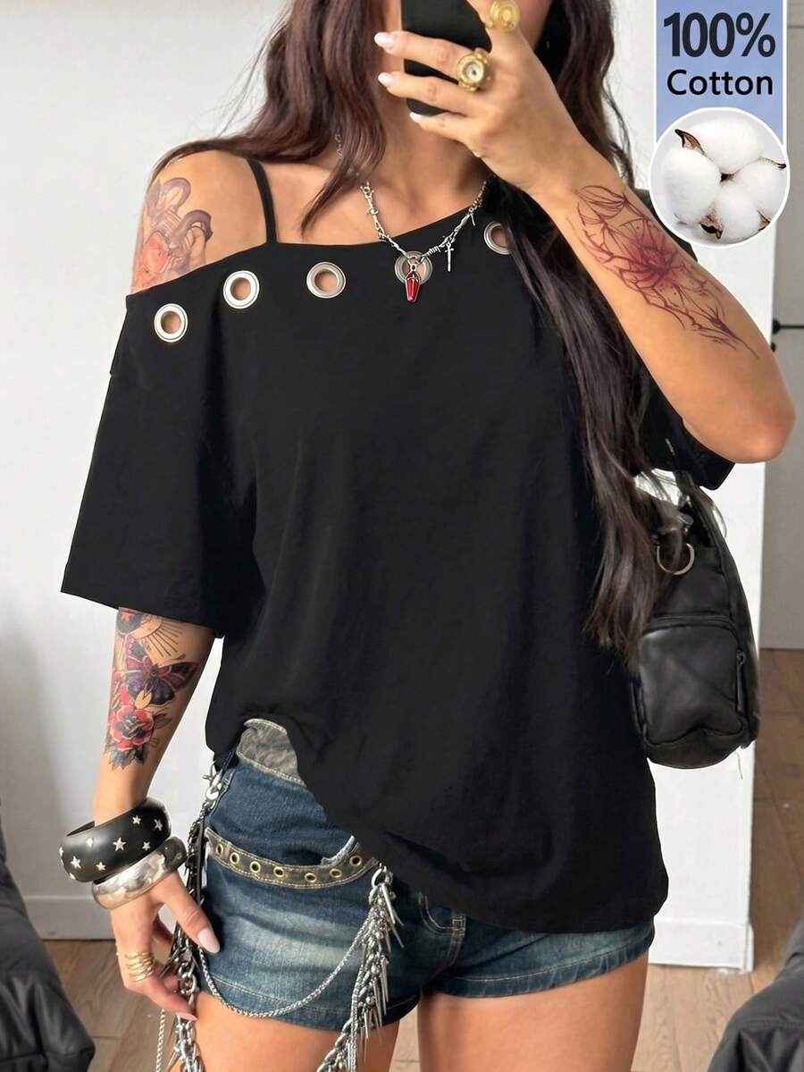 Coolane 女款秋季街頭風 Y2K 骷髏圖案萬聖節出遊寬鬆黑色 T-shirt - 黑色 - 查看 1