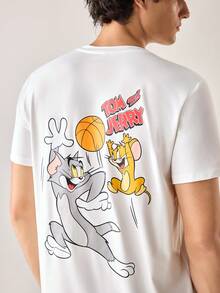 Strevion Men's Minimalist Tom & Jerry Basketball Dream Graphic Print Round Neck Short Sleeve T-Shirt, Summer - White - View 3