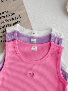 SHEIN Elladie kids 少女3件組夏季休閒螺紋針織素色背心，女孩可愛Y2K辣妹風心形鏤空無袖T恤，甜美多巴胺配色公主風上衣，適合度假、海灘及日常穿著 - 彩色 - 查看 6