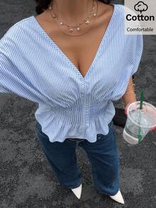 Siren Gaze 女款素色深V領百褶腰部荷葉邊飾優雅修身襯衫，對比邊緣細節與紋理面料 - 藍色 - 查看 6