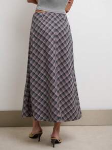 Nöista Diagonally Patchwork Plaid Maxi Skirt, A-Line , Casual Elegant.  Versatile Practical . Wardrobe Essential, Perfect Everyday . Fall Winter. - Pink - View 4