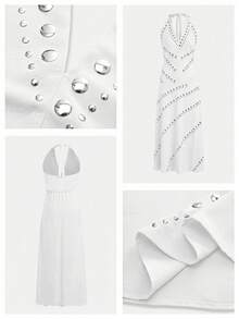 Maija Women's Long A-Line Halter Neck V-Neck Sleeveless Waist-Defining Fitted A-Line Vacation Dress - White - View 5