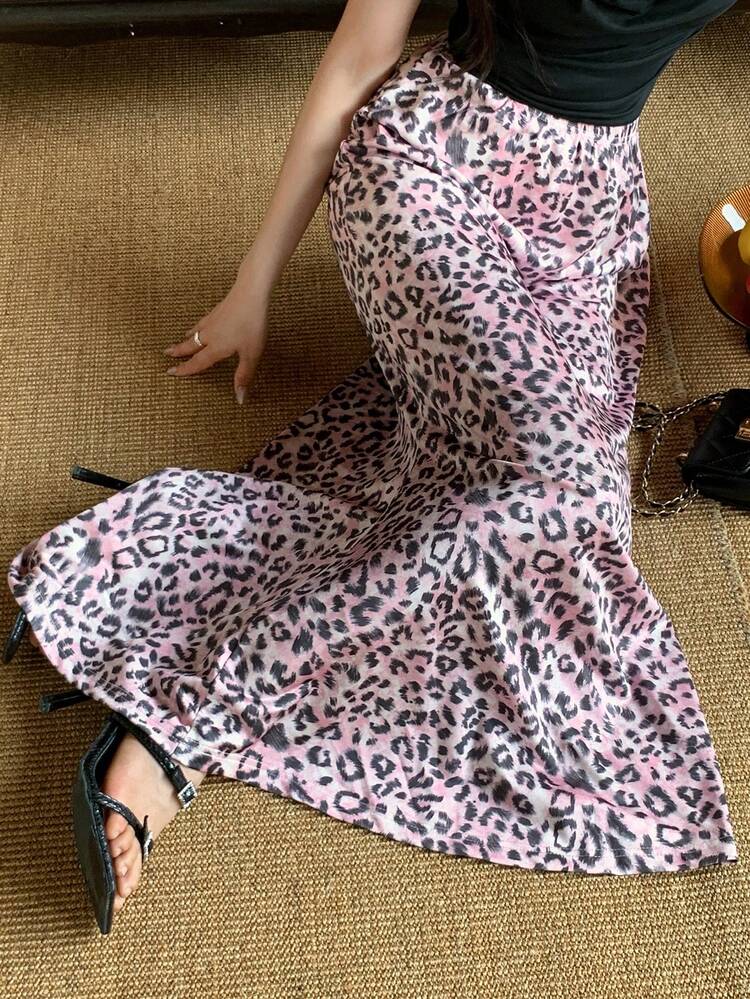 Leopard Print Fitted Long Casual Vacation Summer Women's Skirt