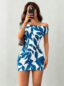 EMERY ROSE Sexy Off-Shoulder Ruched Mini Dress - Blue - View 5