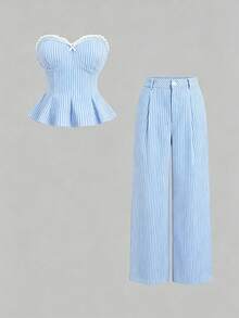 Sweetra Women's Lace Patchwork Blue And White Stripe Bandeau Top And Straight Leg Pants Two Pieces Set Vacation Summer Elegant - Blue - View 1