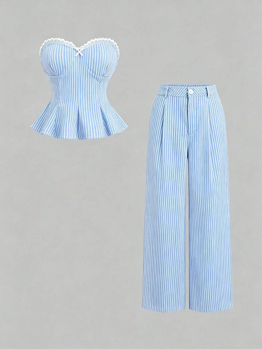 Sweetra Women's Lace Patchwork Blue And White Stripe Bandeau Top And Straight Leg Pants Two Pieces Set Vacation Summer Elegant - Blue - View 1