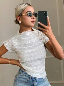 DAZY Women's Turtleneck Fitted Short Sleeve T-Shirt Y2K Cute Everyday White Summer - White - View 4