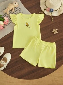 Conjunto de 2 piezas con top de manga corta con volantes y cuello redondo con patrón bordado y pantalones cortos - Multicolor - Ver 6