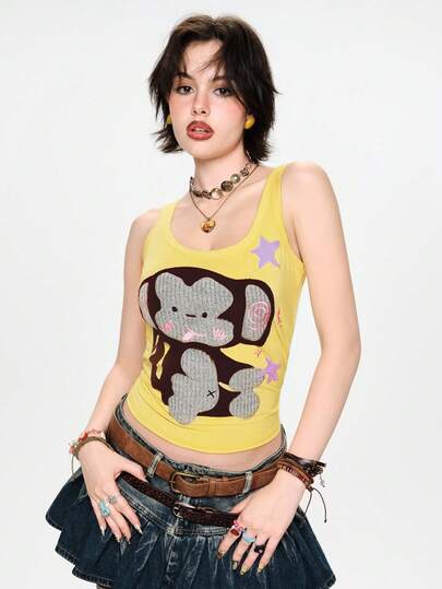 Kawaii Spring/Summer Vacation Style Handmade Cute Elephant Applique Embroidery Contrast Design Women's Tank Top, Suitable For Island, Dating, School, Valentine's Day, Home, Afternoon Tea And Other Daily Wear