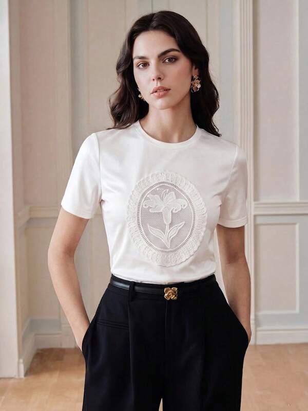 Anewsta Camiseta de mujer con bordado calado, camiseta blanca de vacaciones, nueva llegada de primavera/verano