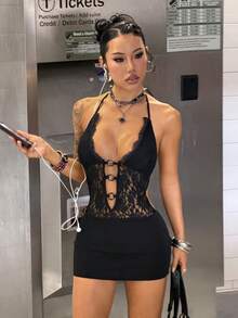 SHEIN Jeanoir 女士性感透视蕾丝露背镂空设计迷你连衣裙 - 黑色 - 查看 5