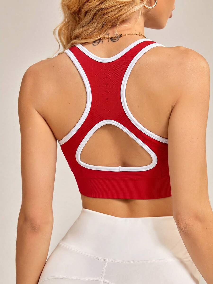 Slayform Slayform Sutiã desportivo feminino sem costuras com debrum, recorte nas costas e cor contrastante - Vermelho - Ver 1