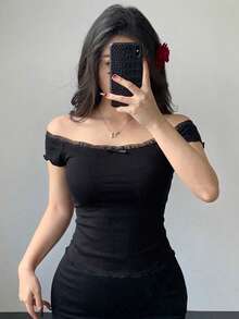 DAZY 女款方領短袖修身T恤 夏季 - 黑色 - 查看 5