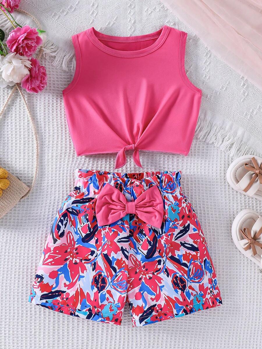 Genkimix Kids Young Girls Casual Sleeveless Top & Striped Shorts 2 Pieces Set With 3D Bow Design