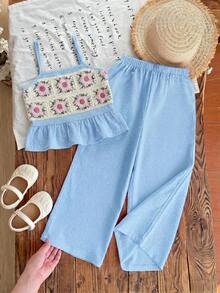 Emery Rose Kids Emery Rose Kids 少女花卉刺繡細肩帶背心上衣與長褲套裝 - 藍色 - 查看 14