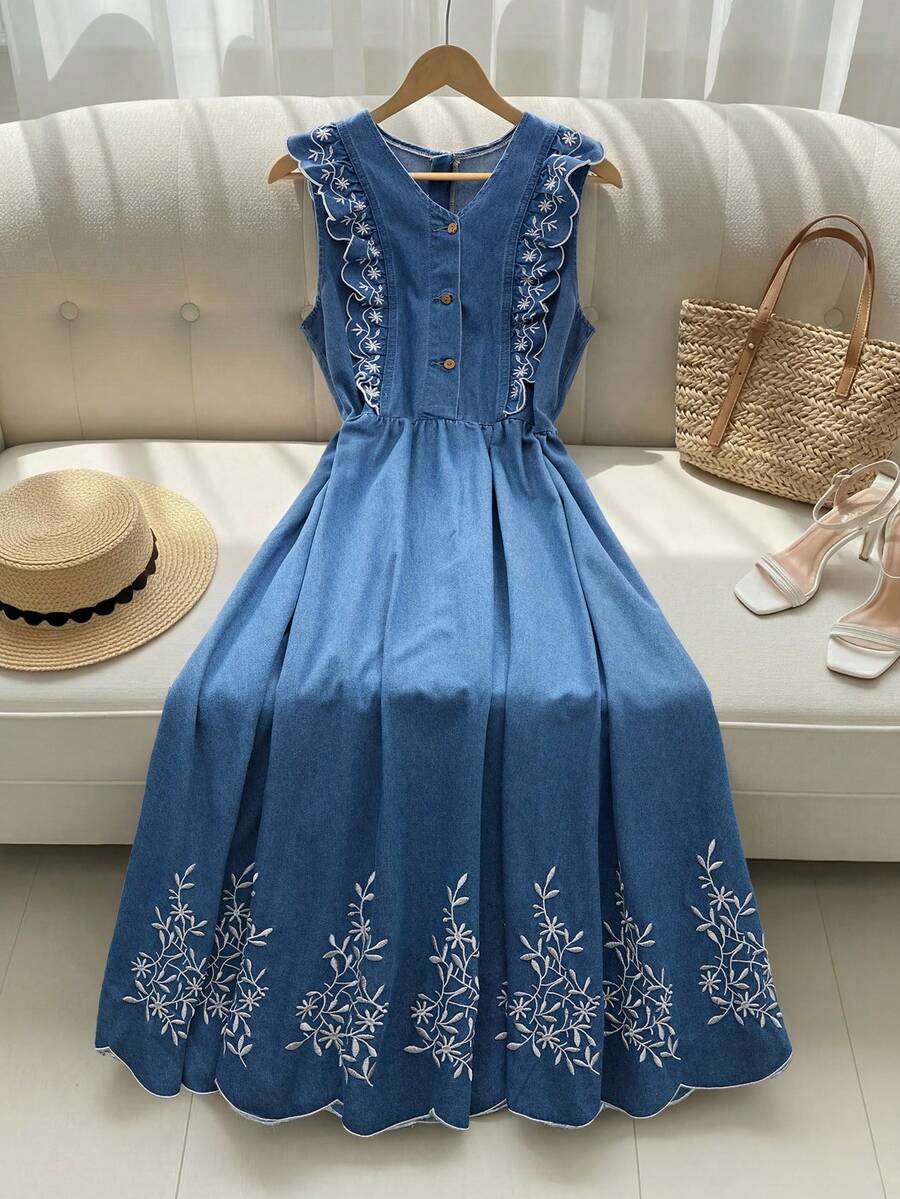 GlowEve Vestido vaquero sin mangas con volantes bordados para mujer - Azul lavado medio - Ver 1