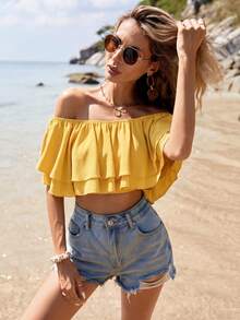 SHEIN VCAY 女款素色露肩抓皺休閒百搭日常外出上衣 - 黃色 - 查看 6
