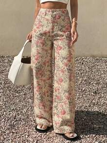 DAZY Women's Regular Waistline Decorative Loose Banana Leg Long Pants Urban Casual Denim Jeans - Beige - View 2