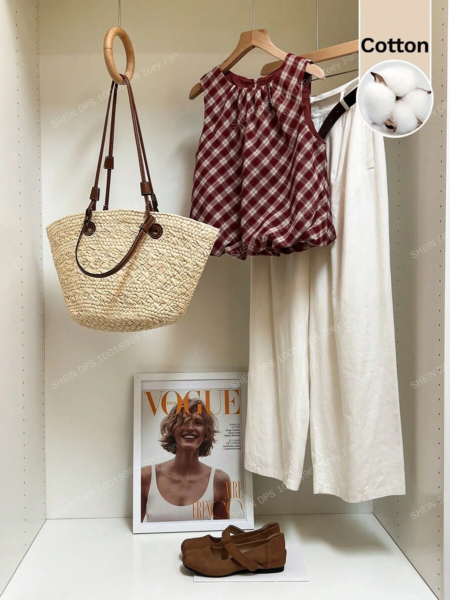 Muvela 女士纯棉格子无袖衬衫 – 宽松休闲圆领格子荷叶边时尚百搭无袖衬衫，适合复古、夏季、春季、情人节、派对、婚礼、庆典、优雅、度假、休闲、正式场合。 - 紅色 - 查看 1